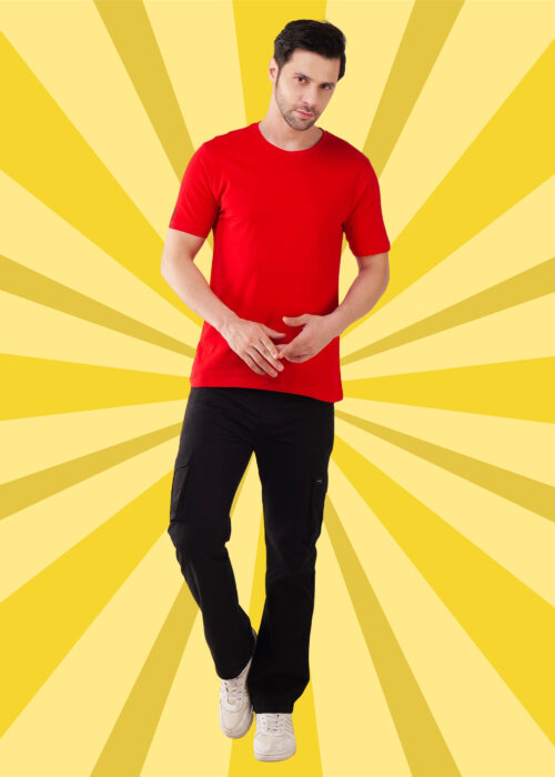 Make a bold statement with this men’s round neck red regular fit T-shirt. Crafted from soft, breathable fabric, it ensures all-day comfort with a smooth, lightweight feel. The classic crew neck and relaxed fit offer a timeless style, perfect for casual wear, street looks, or layering. Pair it with jeans or cargos for a sharp and confident outfit. A must-have essential to add energy and style to your everyday wardrobe