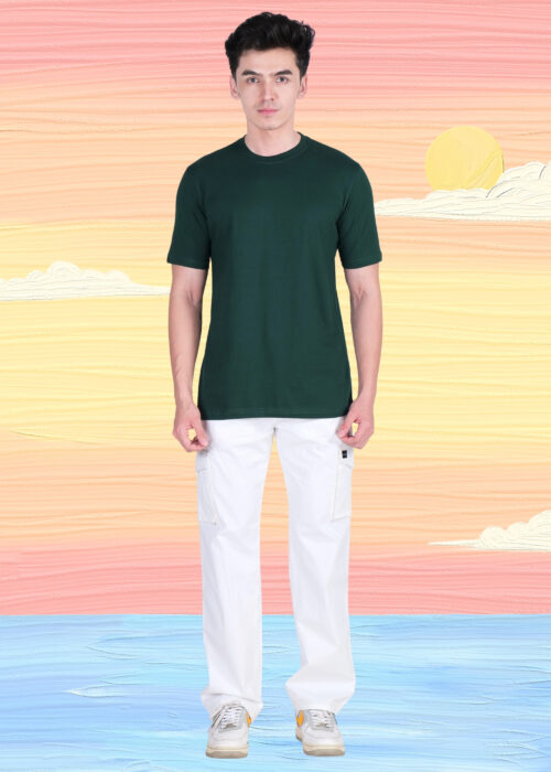 Refine your everyday style with this men’s bottle green round neck regular fit T-shirt, designed for a sleek and versatile look. Crafted from soft, breathable fabric, it ensures all-day comfort and durability. The classic round neck and regular fit provide a timeless appeal, perfect for casual wear or layering. Pair this bottle green T-shirt with jeans or trousers for a smart and effortless outfit.