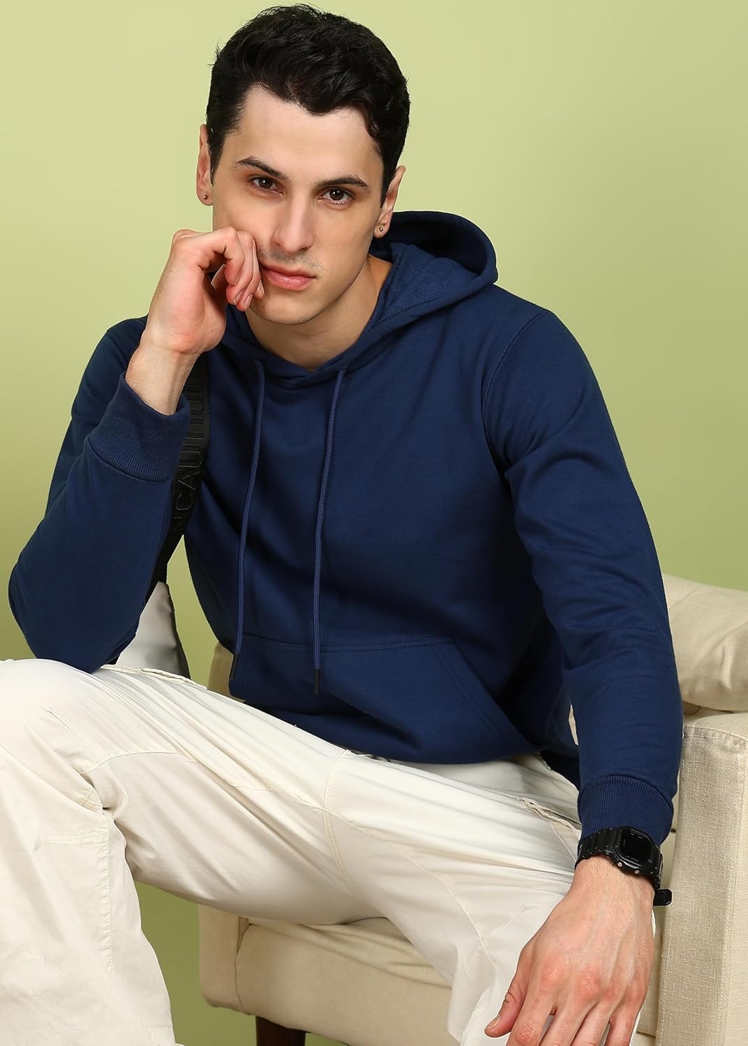 Cotton Fleece Regular Fit Hooded-NAVY BLUE - Image 2