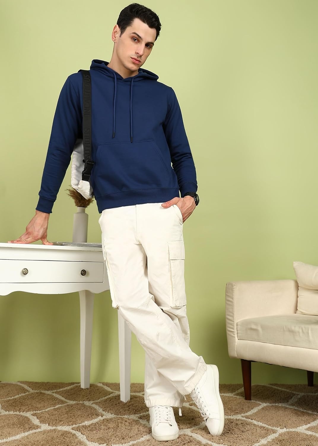 Cotton Fleece Regular Fit Hooded-NAVY BLUE - Image 3