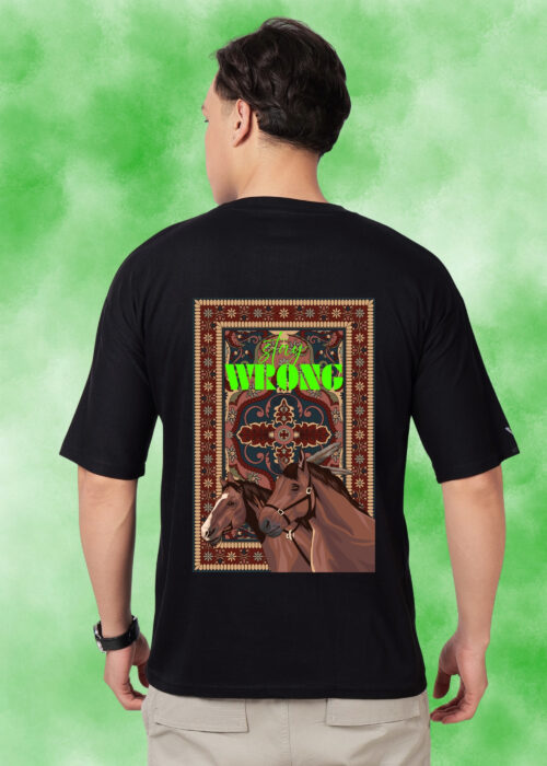 The back side showcases a detailed artistic graphic featuring vintage-inspired ornamental artwork combined with powerful horse illustrations and the signature Stay Wrong branding. This unique back print adds a creative and edgy vibe, making the t-shirt perfect for fashion lovers who want standout streetwear pieces.