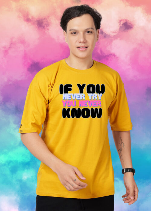 Add a bold and positive vibe to your streetwear collection with the STAY WRONG Yellow Oversized T-Shirt, made from 100% premium cotton for superior comfort and breathability. Featuring a motivational typography print that says “If You Never Try You Never Know”, this oversized tee is perfect for those who believe in taking chances and standing out.
