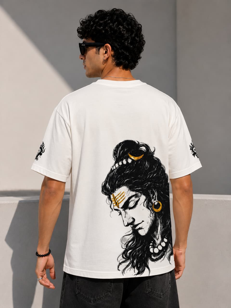 Off-White Oversized Solid Heavy French Terry Lord Shiva Print Tshirt for Men - Image 2