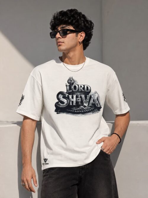 Off-White Oversized Solid Heavy French Terry Lord Shiva Print Tshirt for Men